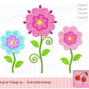 Spring flower embroidery applique set: pink and blue flowers with green stems