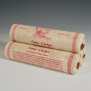 Hand-rolled Tibetan incense sticks in beige paper wrap, labeled Lama Chodpa