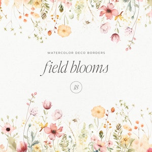 Watercolor floral border design with pastel wildflowers and blossoms, thin frame