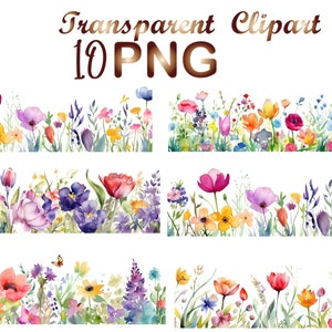 Watercolor floral border clipart set with colorful wildflowers in strip layouts