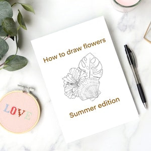 Printable flower drawing worksheet page with summer edition title and pencil sketch