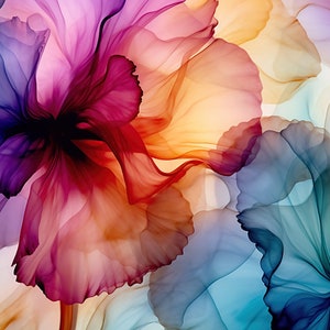Abstract alcohol-ink style flower art print with pink, purple, orange, and blue petals