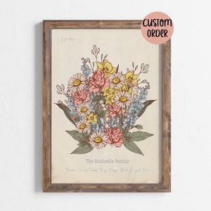 Framed family birth flower bouquet print with pastel daisies, antique floral artwork