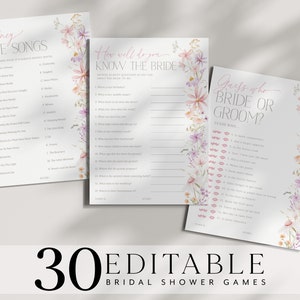Set of 30 editable bridal shower game cards with pink wildflower floral borders
