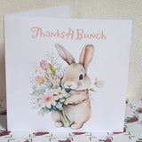 Thank You Card ' Thanks A Bunch' Watercolour Bunny Flowers Friendship Teacher Thanks Teaching Assistant Glitter Detail Free Delivery