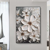 3D White Flower Oil Painting on Canvas,Heavy Textured Acrylic Painting,Floral Landscape Wall Art,White Floral Painting,Floral Wall Decor