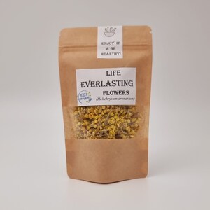 Everlasting flowers bulk pouch of dried Helichrysum stoechas in kraft bag