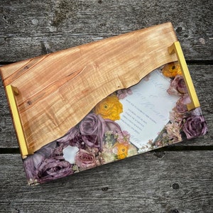 Wood wedding flower frame with pressed purple flowers and preserved bouquet insert