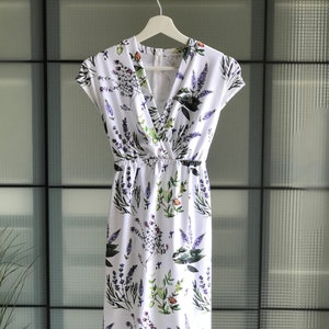 Lavender floral nursing night dress with V-neck and gathered waist, short sleeves