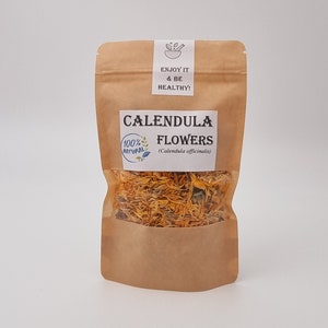 Dried calendula flowers in brown kraft pouch
