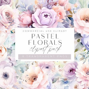 Watercolor pastel floral clipart set with roses and lilacs, transparent PNGs