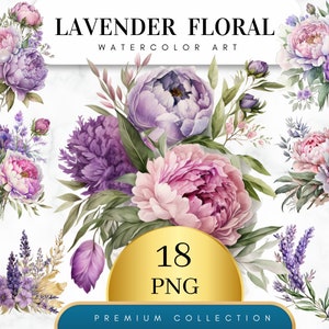 Watercolor lavender floral clipart set with 18 PNG flower illustrations