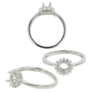 Sterling silver flower halo ring with round center stone and small halo accents