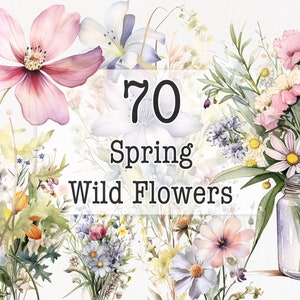 Watercolor wildflower bouquet illustration with vase and text '70 Spring Wild Flowers'