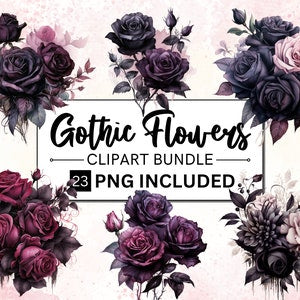 Gothic floral clipart bundle with dark roses, watercolor-style PNGs, 23 included
