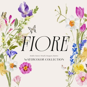 Watercolor floral clipart set with daffodils, tulips, and other flowers around 'FIORE'
