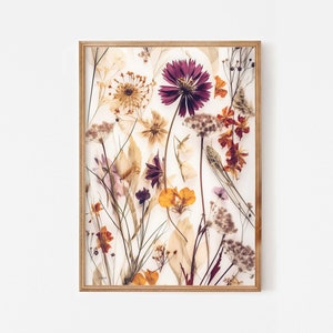 Pressed wildflowers botanical wall art print in a wooden frame, purple and warm beige flowers
