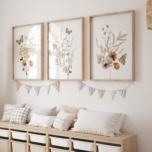 Three framed wildflower watercolor nursery wall art prints