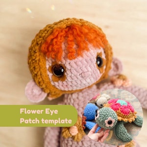 Felt flower eye patch template with stitched cartoon eye, pink and green accents