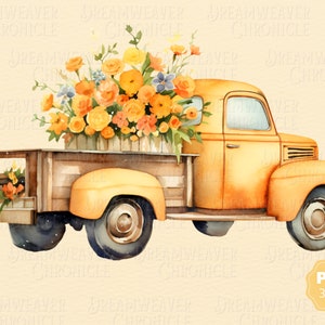 Vintage flower truck clipart, orange-yellow truck with orange and blue blooms