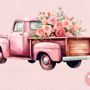Vintage pink flower truck with bouquet overflowing from the open back