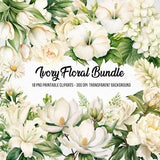 Ivory Floral Bundle,Junk Journal,Scrapbook,Floral Images,Clipart Bundle,Instant Digital Download,Watercolor Effect,Flower Digital Graphics