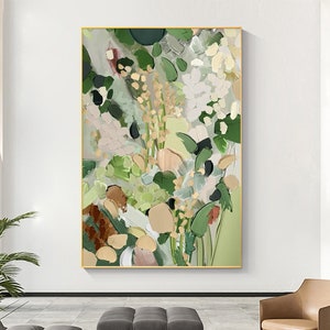 Abstract green floral oil painting on canvas in a gold frame, botanical leaf and bloom design