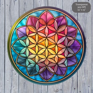 Stained glass Flower of Life circular wall art, multicolor floral geometry
