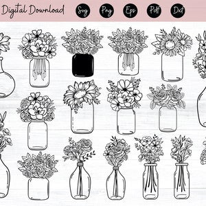 Flower vase SVG cut file with multiple black-and-white line art vases and blooms