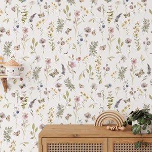 Botanical wildflower peel-and-stick wallpaper mural with small birds and leafy plants
