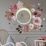 Neon Name Sign with Large Paper Flowers for Nursery Wall Decor Over Crib, Dusty Rose Crepe Paper Peony, Blush Paper Flowers with Gold Leaves