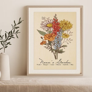 Framed birth flower bouquet print with colorful wildflower and leaves illustration