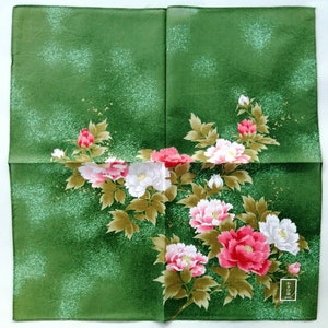 Vintage Japanese handkerchief with green fabric and peony flower bouquet print, rectangular