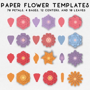 Paper flower petal SVG template sheet with multiple flower and petal shapes