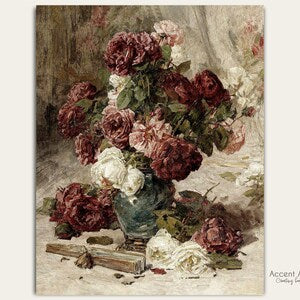 Antique floral still life wall art print with roses in a vase and scattered papers