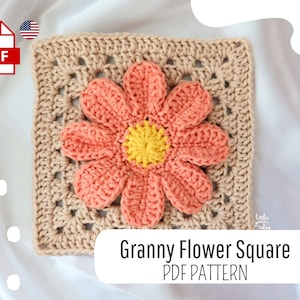 Granny flower square crochet pattern PDF, beige square with pink 5-petal flower motif