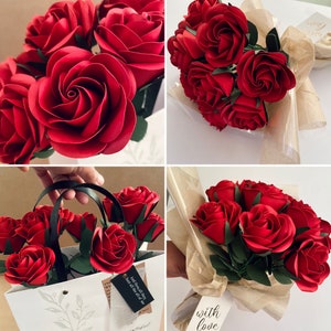 Red paper rose bouquet with wrapped kraft paper and small gift tag
