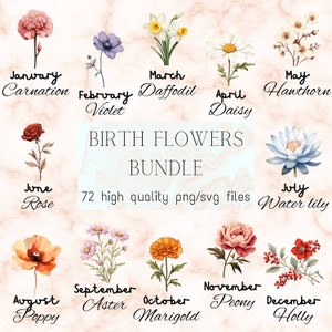 Birth month flower clipart bundle with watercolor botanical flowers and month name labels
