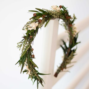 Preserved greenery flower headband wreath with cream blossoms and dried stems