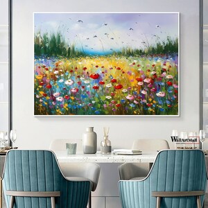 Colorful spring flower painting on canvas, wide landscape with blooms and sky