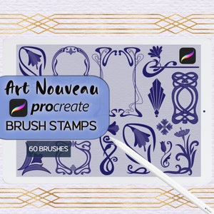 Art Nouveau brush stamp set with elegant floral borders, frames, and decorative silhouettes