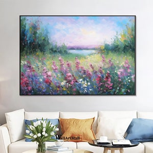 Framed flower meadow wall painting with purple lavender blooms and green trees