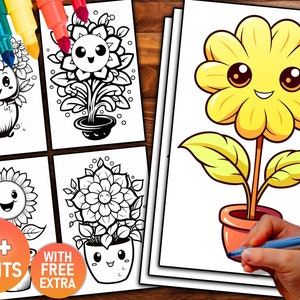 Kawaii flower coloring pages set with panda and smiling flowers; includes colored yellow flower
