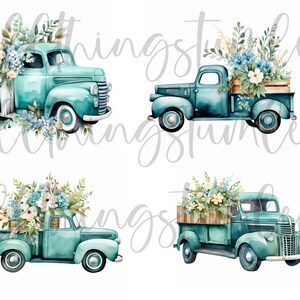 Vintage teal truck clipart with floral wreaths on bed, retro spring design