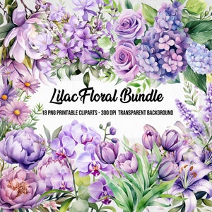 Lilac floral digital bundle collage with watercolor-style flowers and leaves for scrapbooking