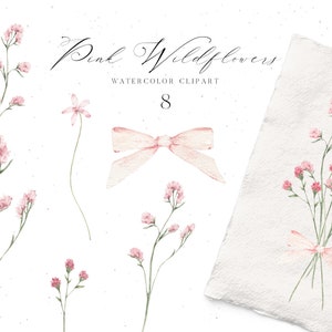 Watercolor pink wildflower clipart set with delicate blooms and ribbon bow