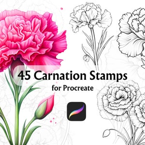 Carnation stamp set preview with pink blossoms and black line-art outline flowers