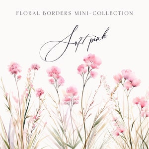 Watercolor wildflower floral border with soft pink blossoms and stems, mini collection
