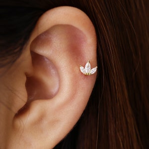 Tiny marquise flower cartilage stud earring with flat back on ear