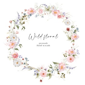 Watercolor floral wreath with wild pink and white flowers and green leaves, circular design